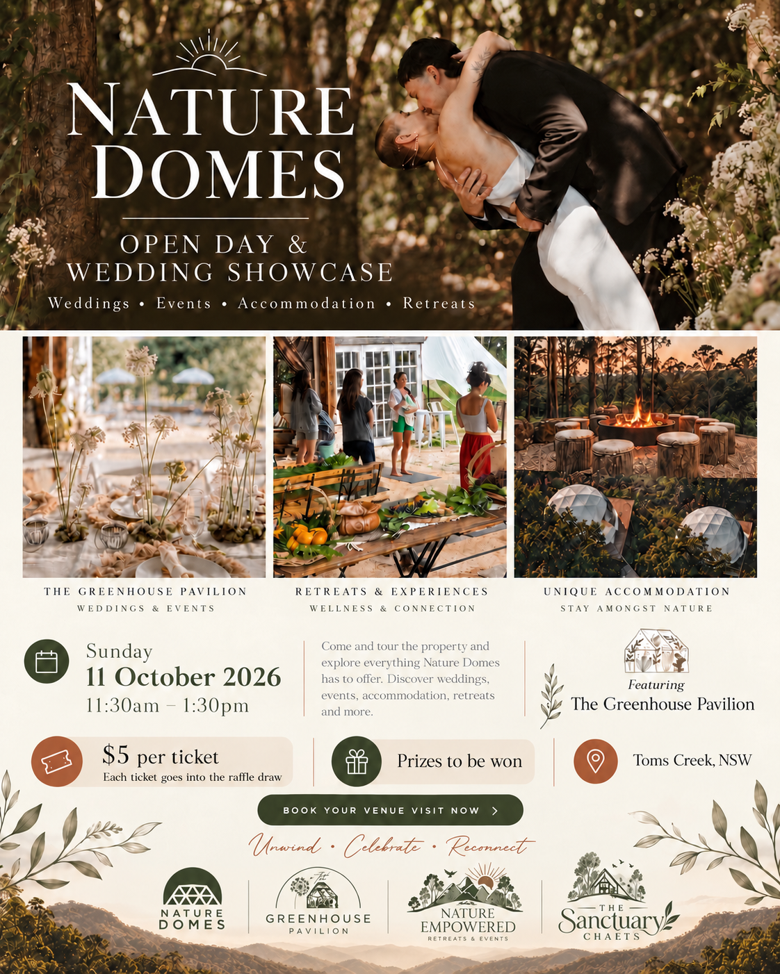 Nature Domes Open Day & Wedding Showcase — Sunday 11 October 2026, 11:30am–1:30pm, Toms Creek NSW. $5 per ticket, prizes to be won, featuring The Greenhouse Pavilion.